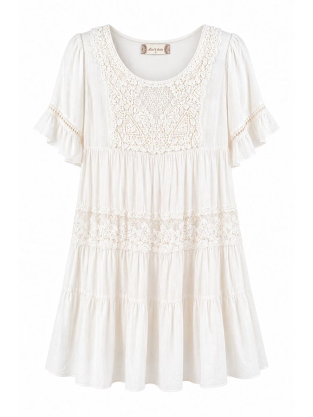 Altar’d State Ivory White Lace Boho Tiered Mini Dress Size Small